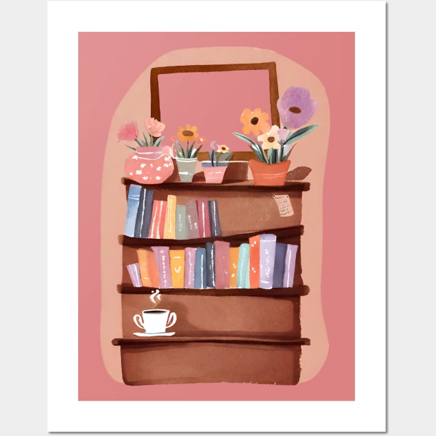 Cute Bookshelf with Flowers and Books and Coffee Cup Wall Art by FarmOfCuties